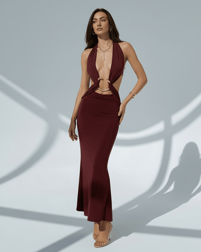 Celeste Maxi Dress featuring elegant burgundy bodycon silhouette with deep V-neck, crafted by Lauven for a sophisticated look.
