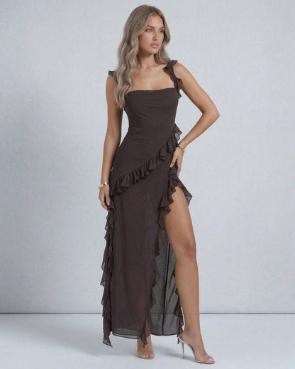 Lauven Celeste Maxi Dress - Elegant brown sheer ruffle maxi dress with ruffled straps and high slit.