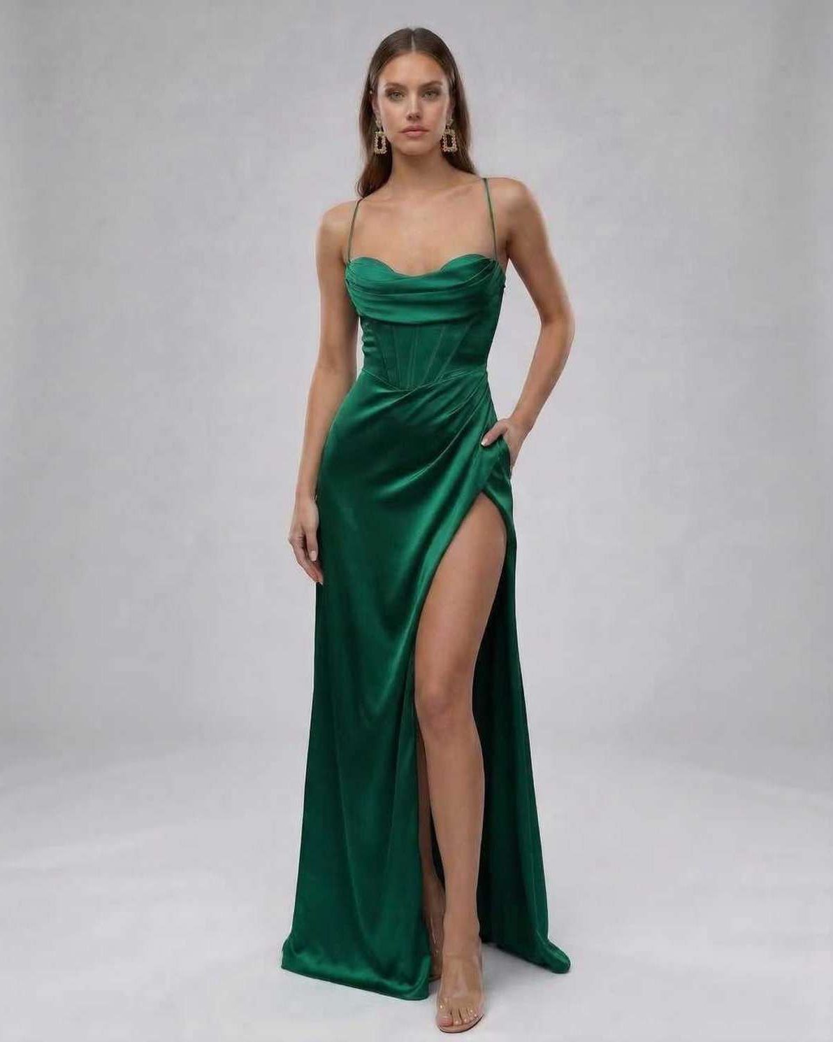 Celeste Maxi Dress by Lauven, elegant emerald satin gown with high slit and fitted bodice.