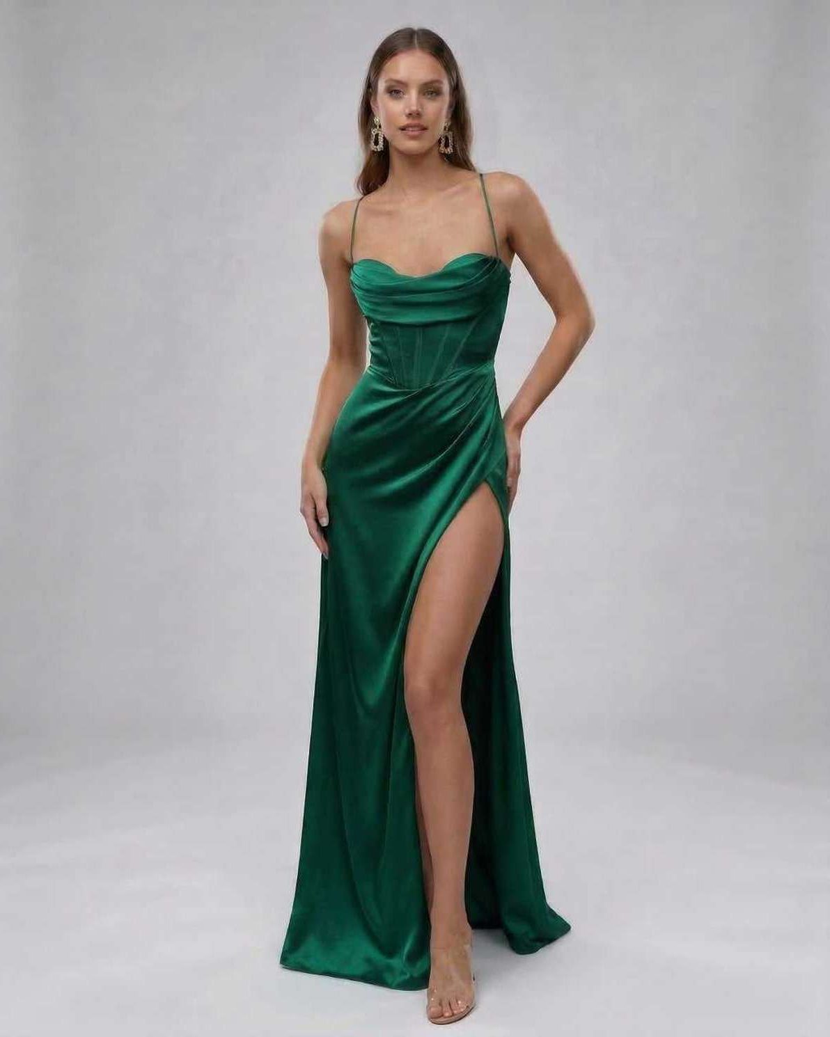 Celeste Maxi Dress by Lauven - Elegant emerald satin gown with a daring high slit.