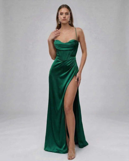 Celeste Maxi Dress by Lauven - Elegant emerald satin gown with high slit, showcasing a modern silhouette and silky finish.