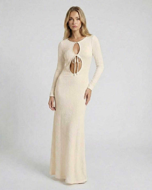 Celeste Maxi Dress by Lauven – Elegant ivory knit dress with keyhole detail and long sleeves.