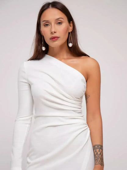 Celeste Maxi Dress showcasing a one-shoulder silhouette with draped details, perfect for wedding guest and formal occasions.