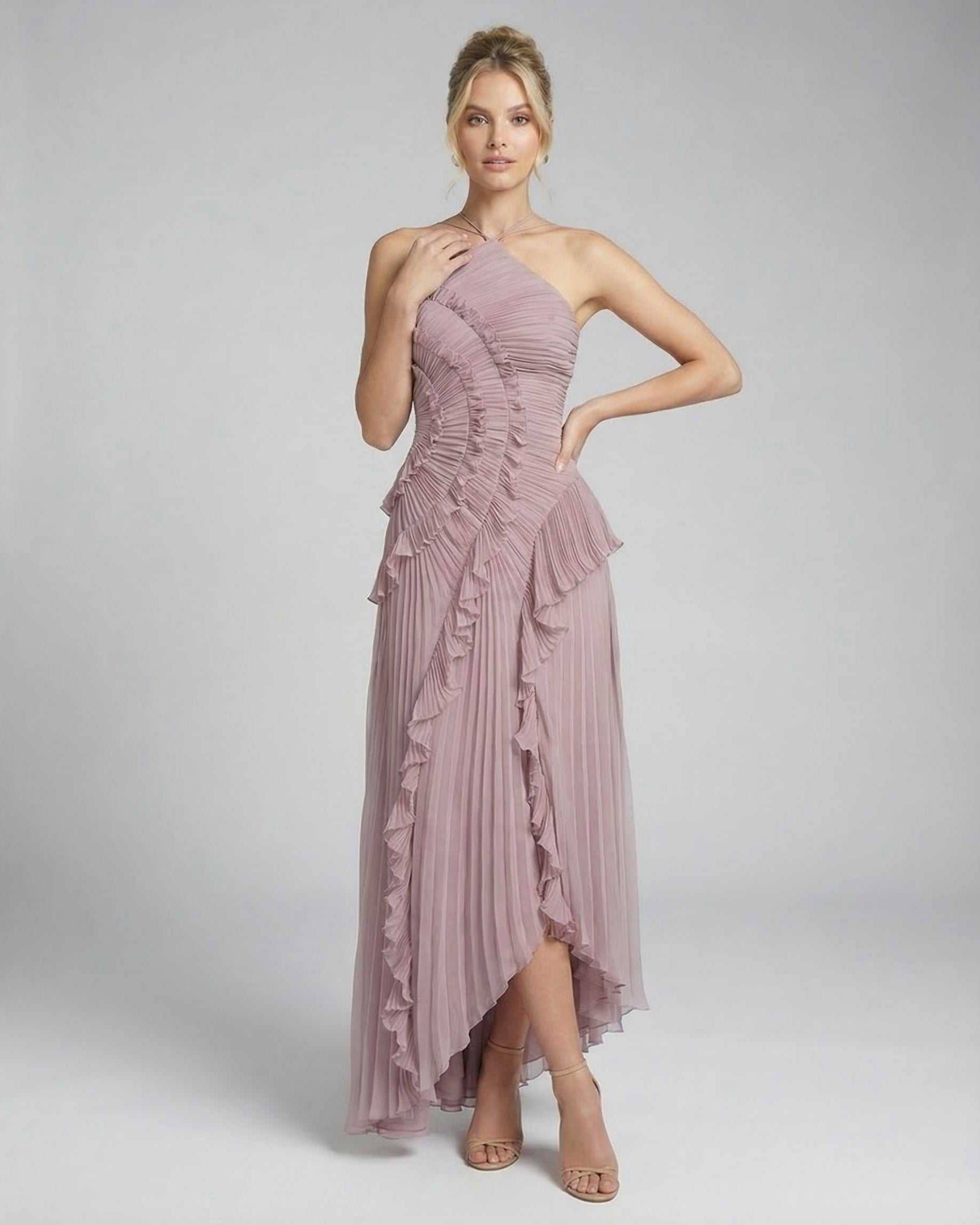 Lauven Celeste Maxi Dress in dusty mauve with pleats and ruffles, showcasing elegant halter neckline.