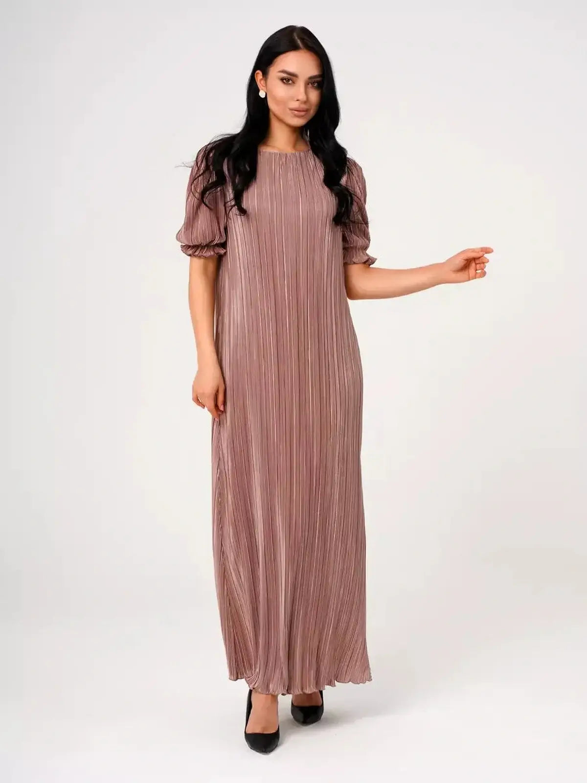Light cappuccino Celeste Maxi Dress featuring elegant pleats and puff sleeves, ideal for weddings and formal events.