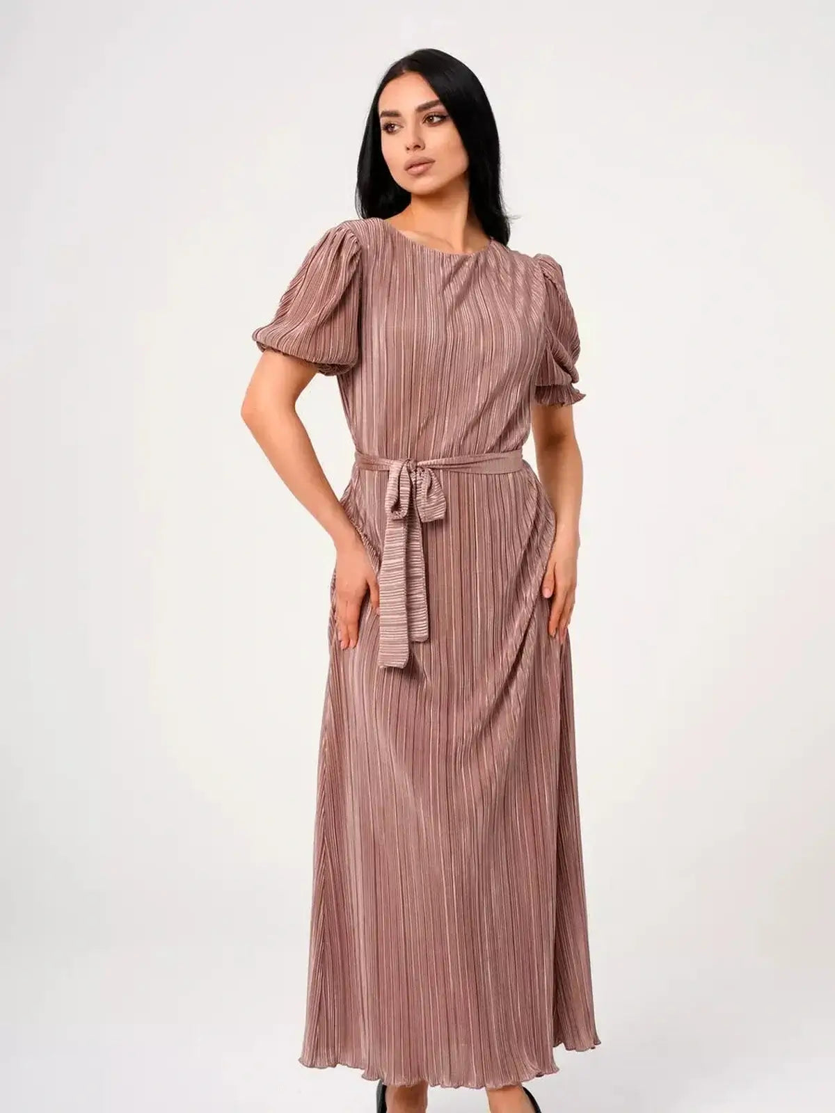 Elegant light cappuccino Celeste Maxi Dress with pleats, puff sleeves, and belted waist, perfect for formal and casual occasions.