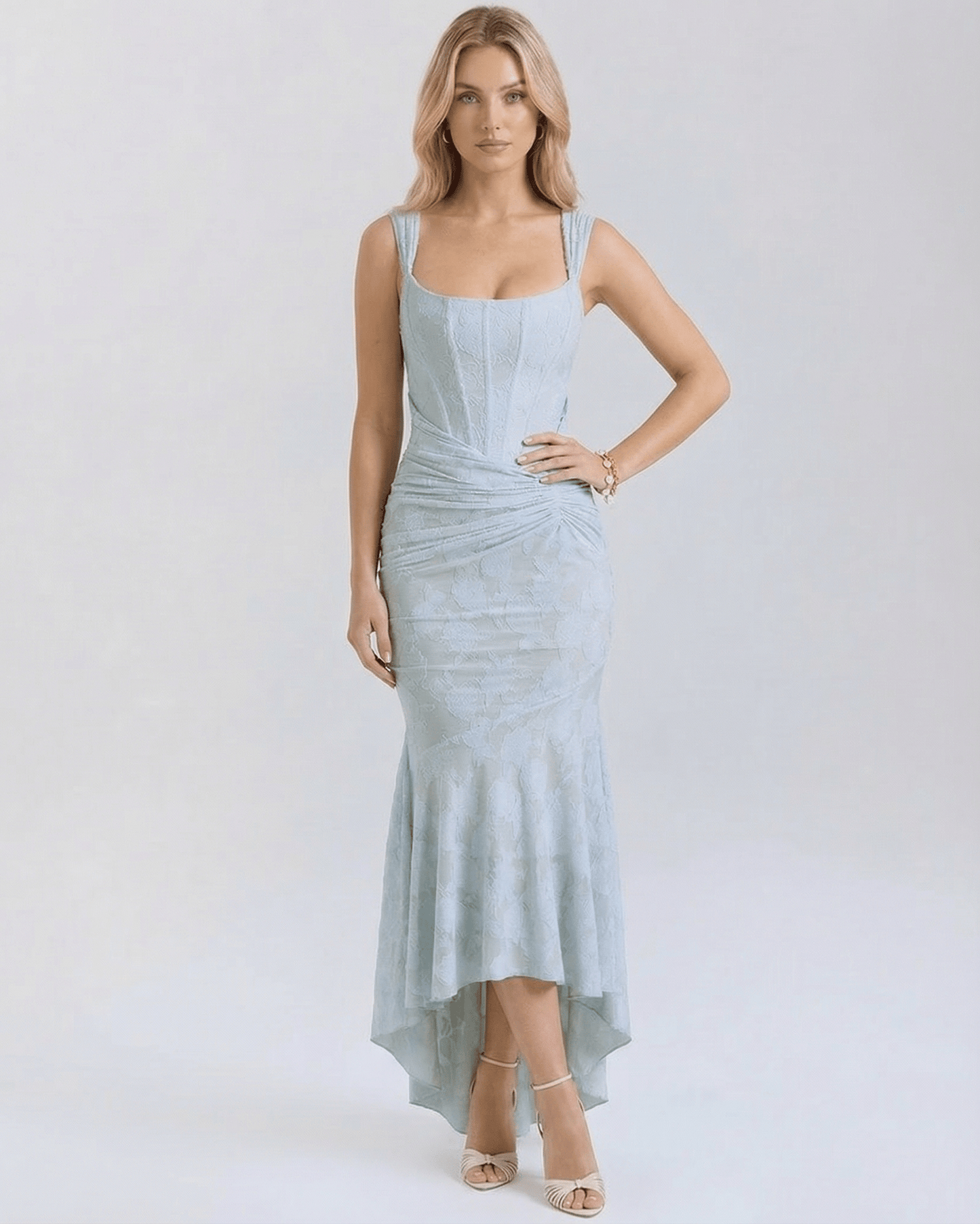 Celeste Maxi Dress by Lauven in pale blue with square collar and fish tail hemline.