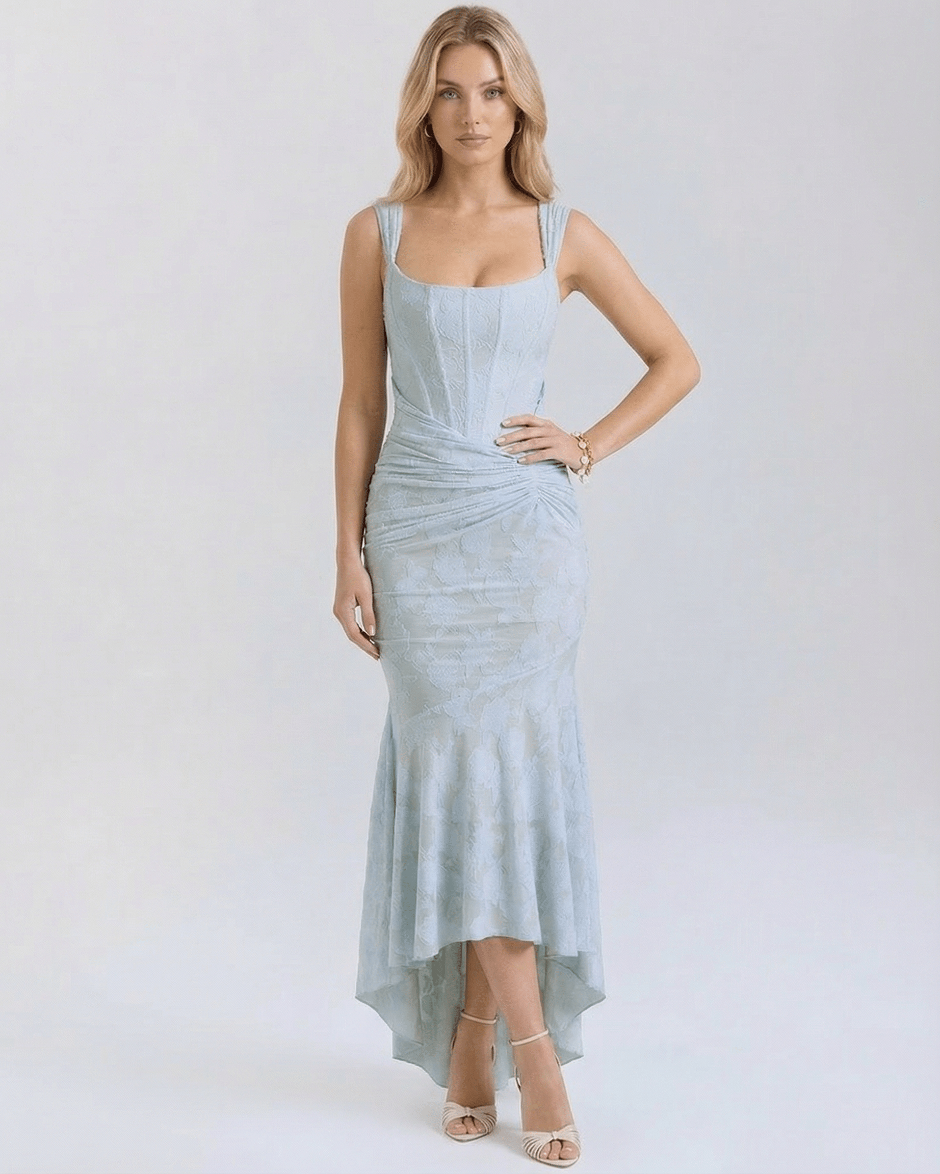 Celeste Maxi Dress by Lauven in pale blue with square collar and fish tail hemline.
