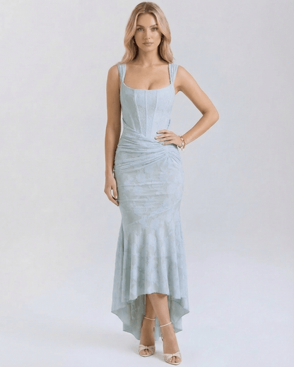 Celeste Maxi Dress by Lauven in pale blue with square collar and fish tail hemline.