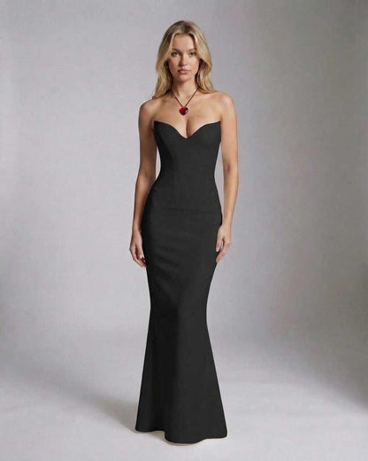 Celeste Maxi Dress by Lauven, elegant textured knit ankle-length dress in black on model.