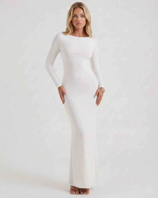 Celeste Maxi Dress by Lauven, elegant white long sleeve dress with open back, smooth fabric and graceful fit.