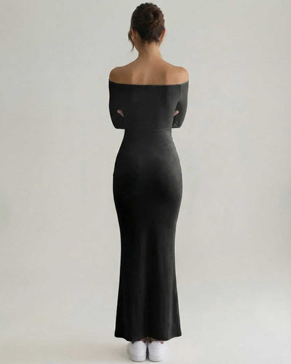 Celeste Maxi Dress featuring elegant off-shoulder design, sleek silhouette, and comfortable stretch fabric by Lauven.