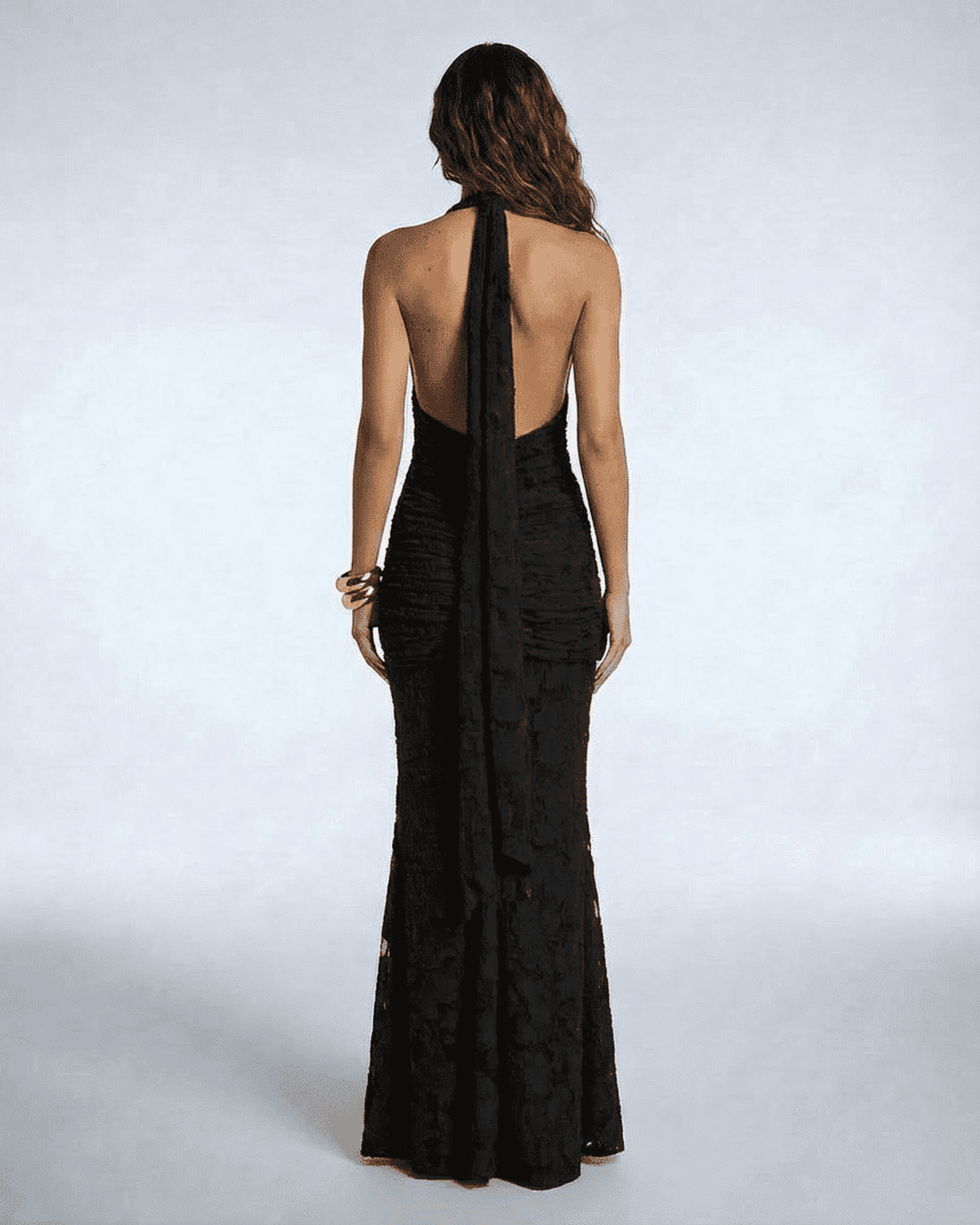 Celeste Maxi Dress by Lauven, showcasing the elegant back view with a tie-up ribbon detail and flattering mermaid silhouette.