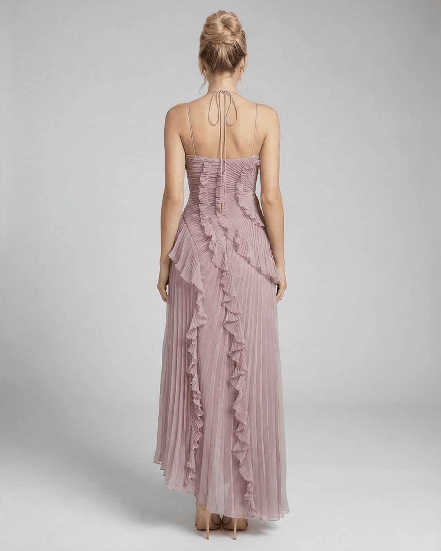 Celeste Maxi Dress by Lauven, elegant pleated halter neck silhouette in dusty mauve, showcasing back view with ruffle details.