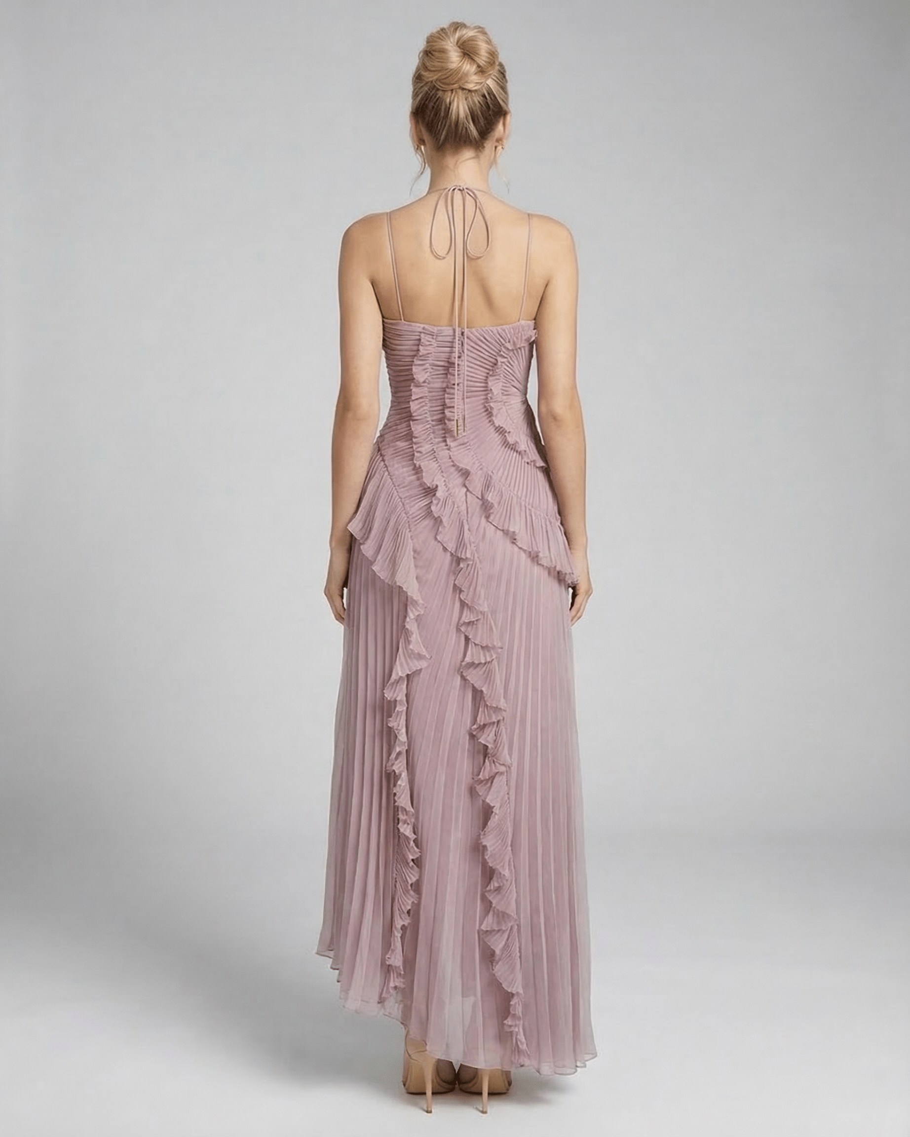 Celeste Maxi Dress by Lauven, elegant pleated halter neck silhouette in dusty mauve, showcasing back view with ruffle details.
