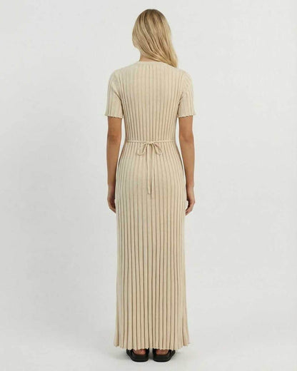 Back view of the Celeste Maxi Dress by Lauven, featuring a ribbed knit design and ankle-length silhouette.