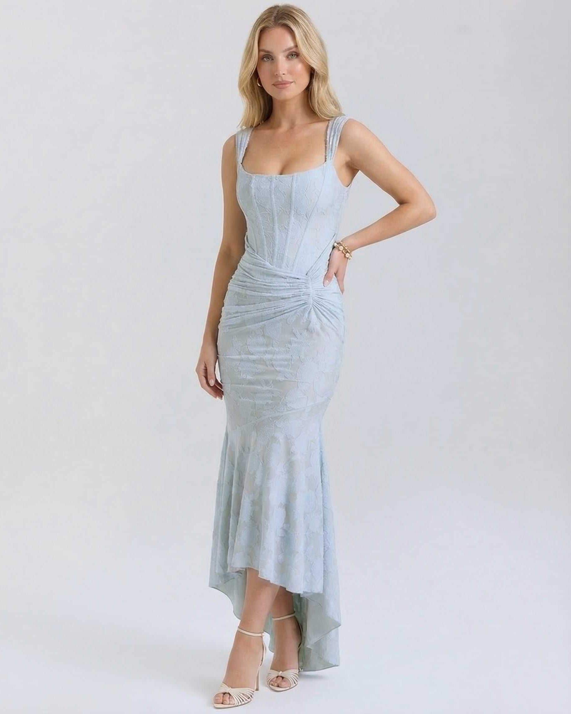Celeste Maxi Dress by Lauven featuring a square collar and jacquard fabric in pale blue with a fish tail hemline.