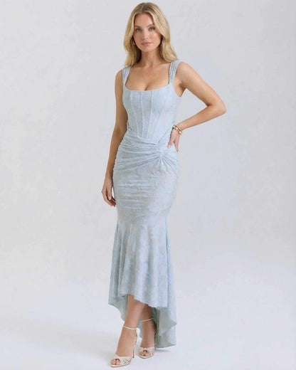Celeste Maxi Dress by Lauven featuring a square collar and jacquard fabric in pale blue with a fish tail hemline.