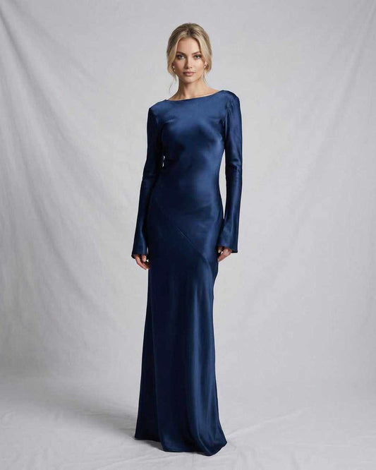 Celeste Maxi Dress by Lauven, elegant navy satin silhouette with a sleek, modern design and ankle-length hem.