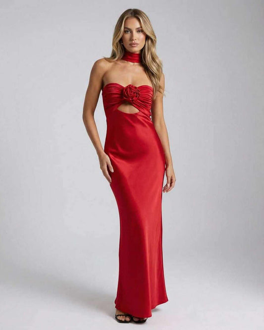 Celeste Maxi Dress by Lauven - Elegant red satin strapless gown with rose detail and flared silhouette.