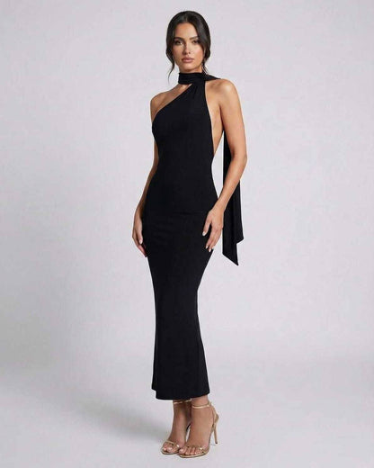 Celeste Maxi Dress by Lauven, elegant black halter neck evening dress with a sleek silhouette.
