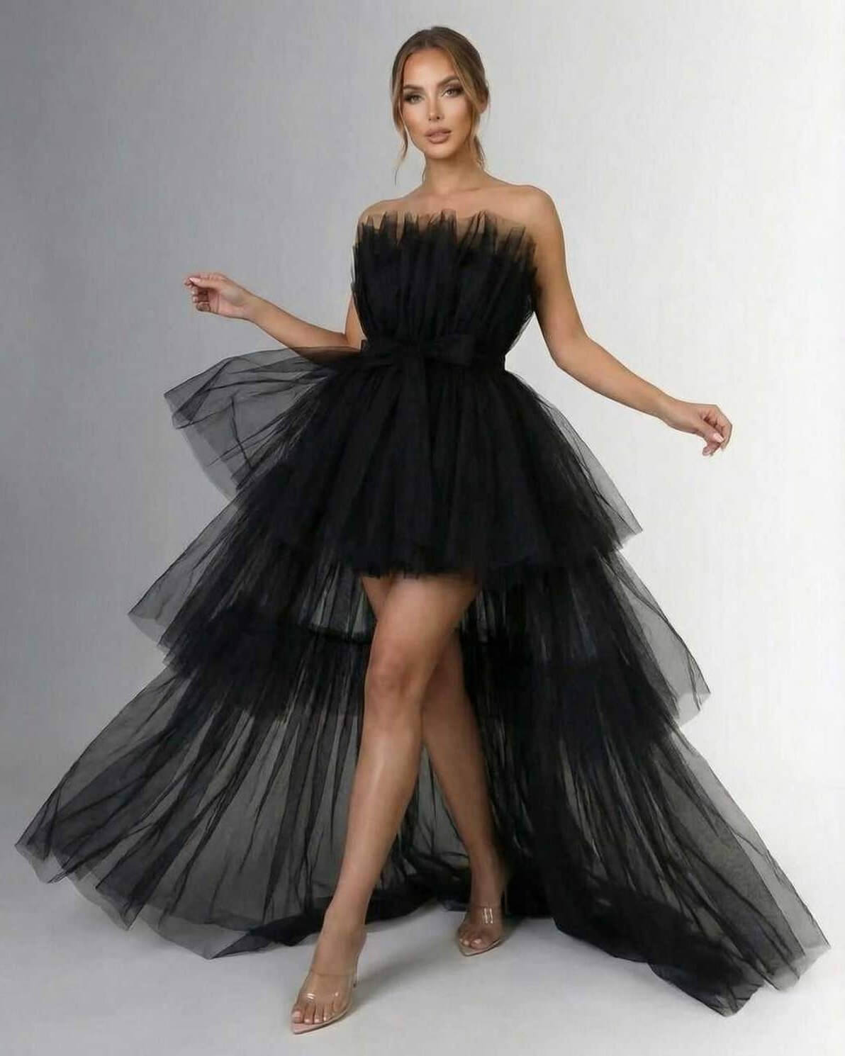 Celeste Maxi Dress by Lauven, elegant strapless sheath with dramatic tulle overlay in black.