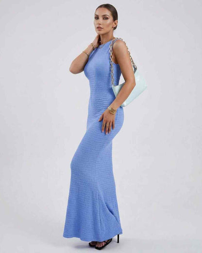 Celeste Maxi Dress by Lauven in light blue, sleeveless slim fit ankle-length design, ideal for casual and semi-formal wear.