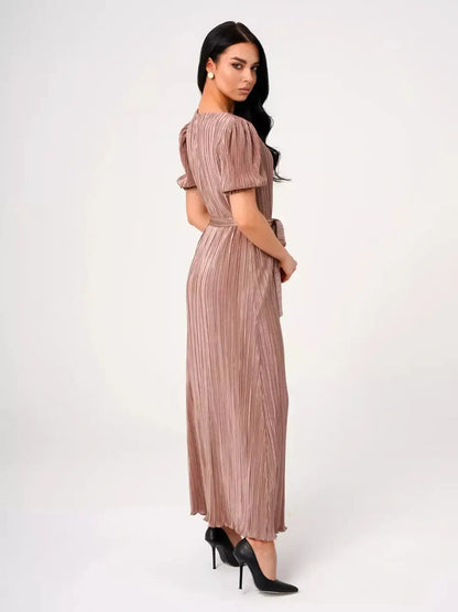 Elegant cappuccino Celeste Maxi Dress featuring pleats and puff sleeves, ideal for weddings and formal events.