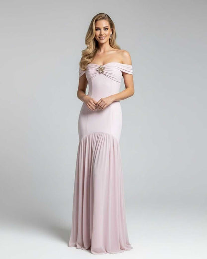 Celeste Maxi Dress by Lauven, elegant off-shoulder evening gown in soft pink with metallic embellishment.