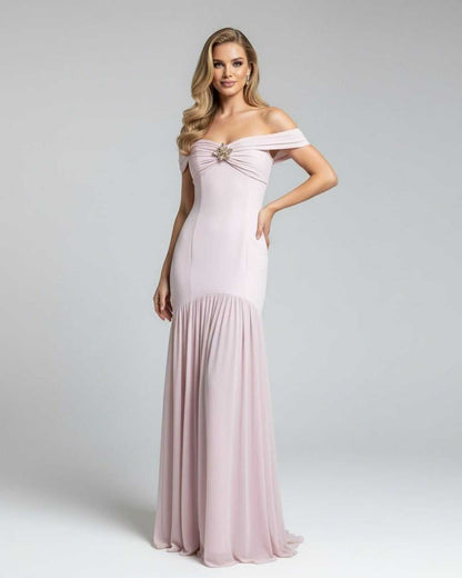 Celeste Maxi Dress by Lauven, elegant off-shoulder evening gown in soft pink with metallic embellishment.