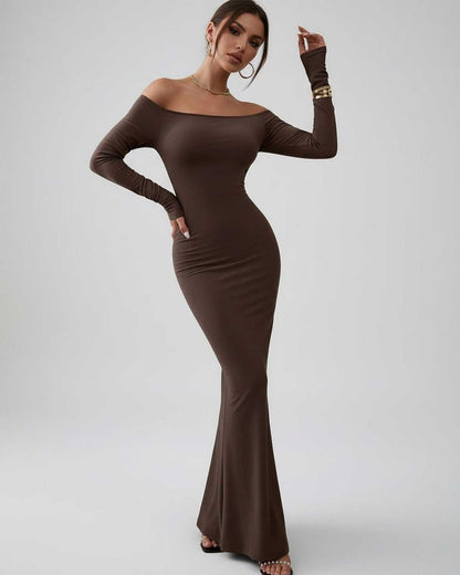 Celeste Maxi Dress by Lauven, elegant off-shoulder fishtail silhouette in rich chocolate brown.