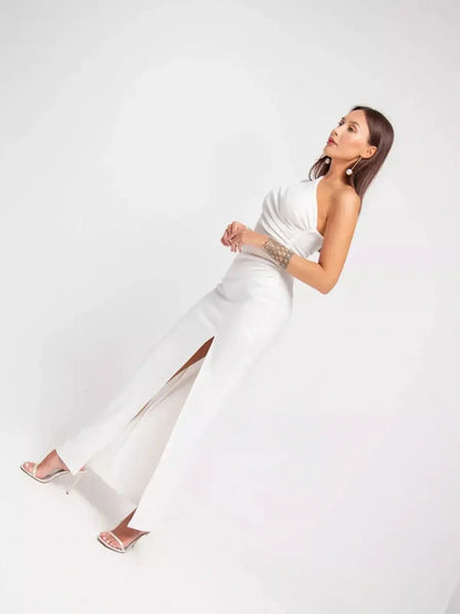 Elegant Celeste Maxi Dress with one-shoulder design and high side slit, perfect for formal occasions and weddings.