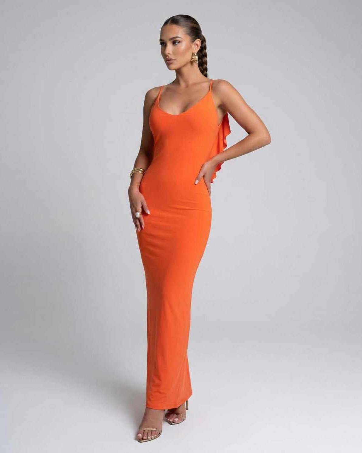 Celeste Maxi Dress by Lauven - Elegant orange spaghetti strap gown showcasing a sleek, comfortable fit.
