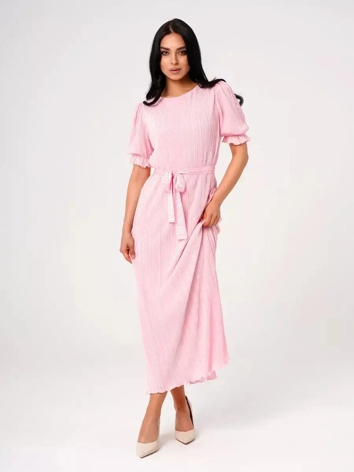 Celeste Maxi Dress in pink, featuring pleated design, puff sleeves, and a tie waist, perfect for summer or wedding events.