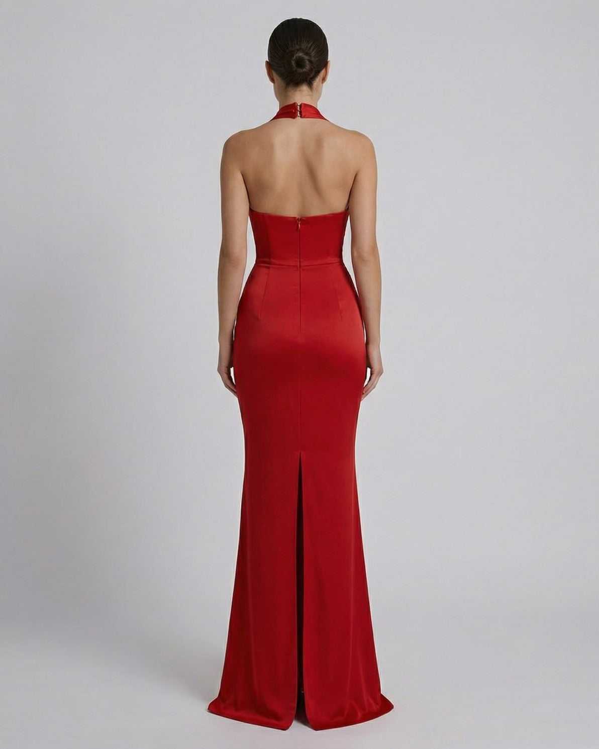 Celeste Maxi Dress by Lauven - Elegant red satin gown with a flattering silhouette and daring slit.