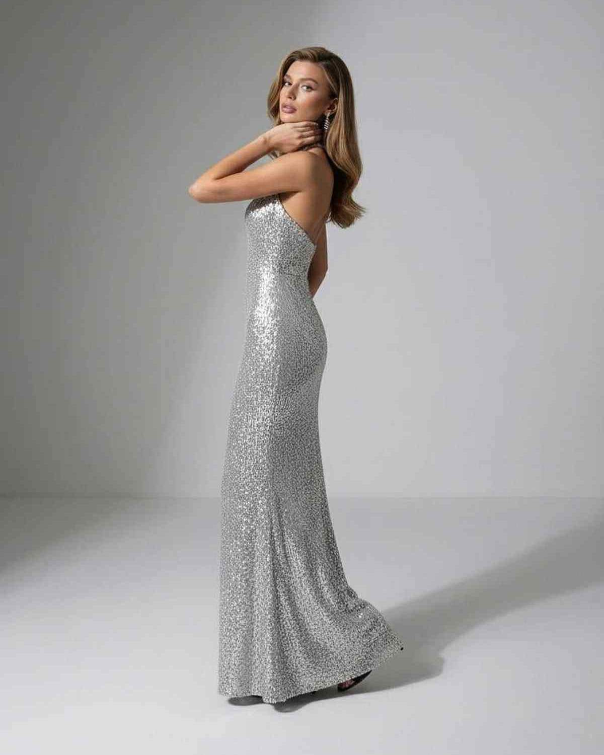 Celeste Maxi Dress - Silver Sequin Maxi Dress with Halter Neck from Lauven, offering elegance and a sleek silhouette.