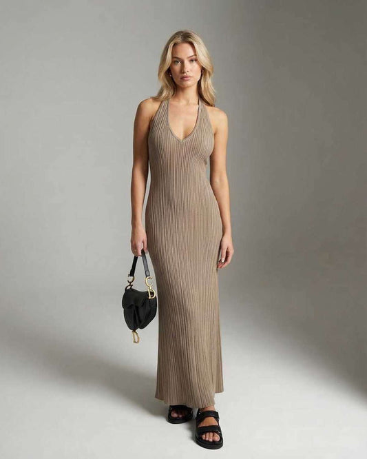 Celeste Maxi Dress by Lauven, a sleek ribbed knit ankle-length dress in a versatile neutral tone.