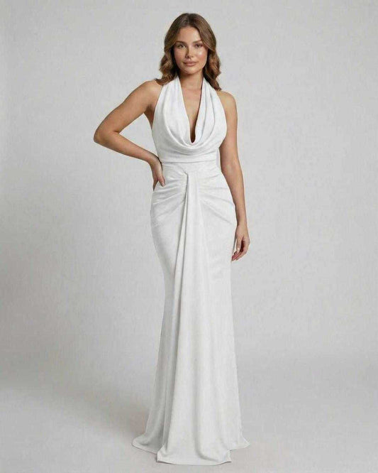 Celeste Maxi Dress by Lauven, elegant white satin floor-length sheath dress with draped halter neck.