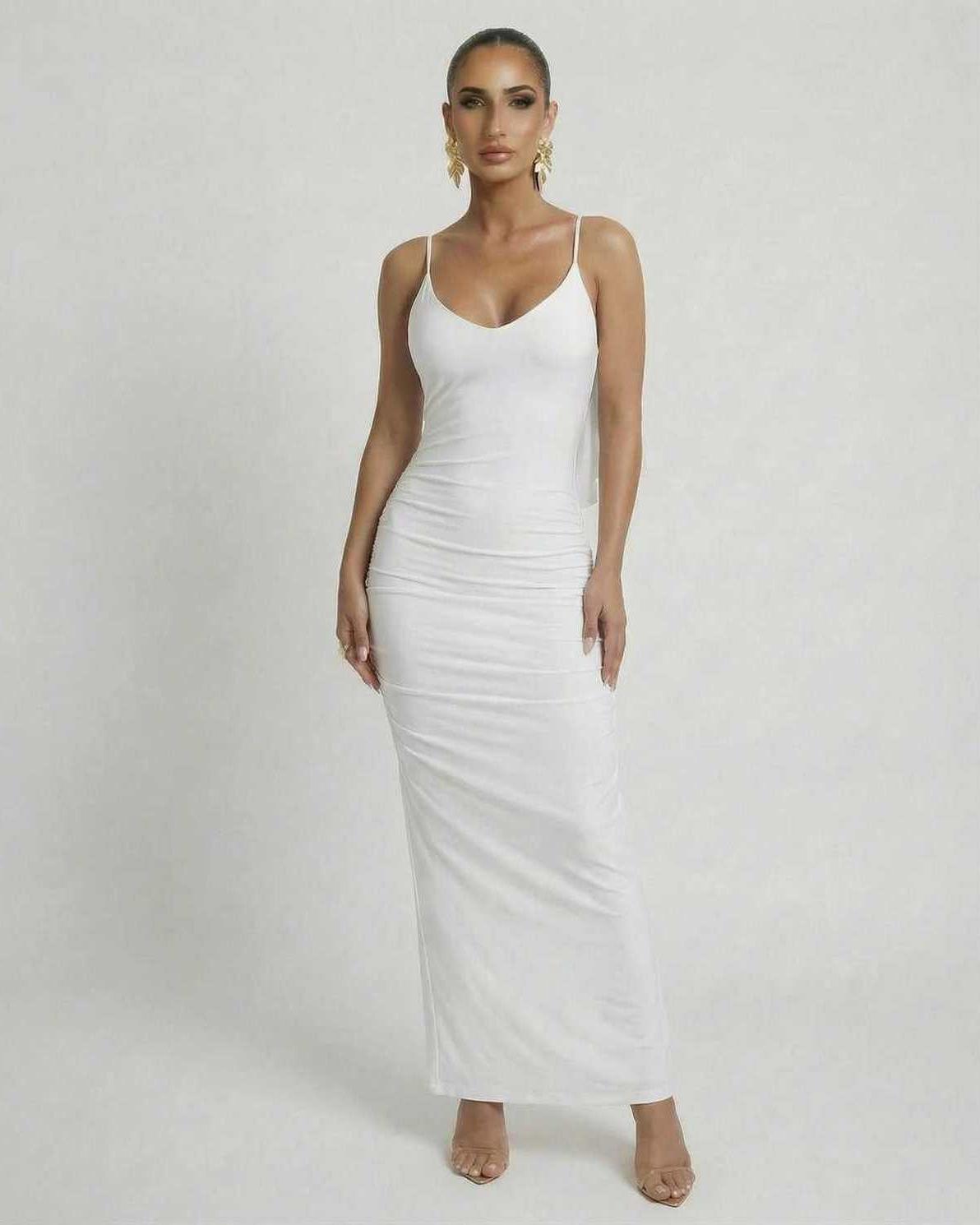 Lauven Celeste Maxi Dress – Elegant white sleeveless bodycon with spaghetti straps and smooth fit.