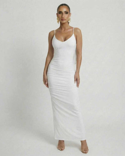 Lauven Celeste Maxi Dress – Elegant white sleeveless bodycon with spaghetti straps and smooth fit.