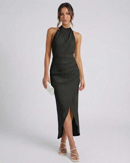 Lauven Celeste Midi Dress - Elegant black halter neck evening dress with slit and textured fabric.