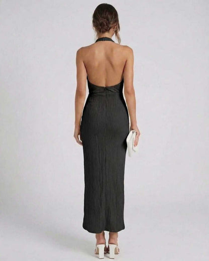 Celeste Midi Dress by Lauven, elegant black halter neck evening dress showcasing back design and sleek silhouette.