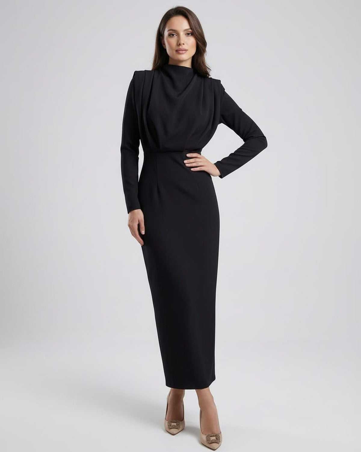 Lauven Celeste Midi Dress in elegant black with trumpet silhouette and stand neck for timeless sophistication.