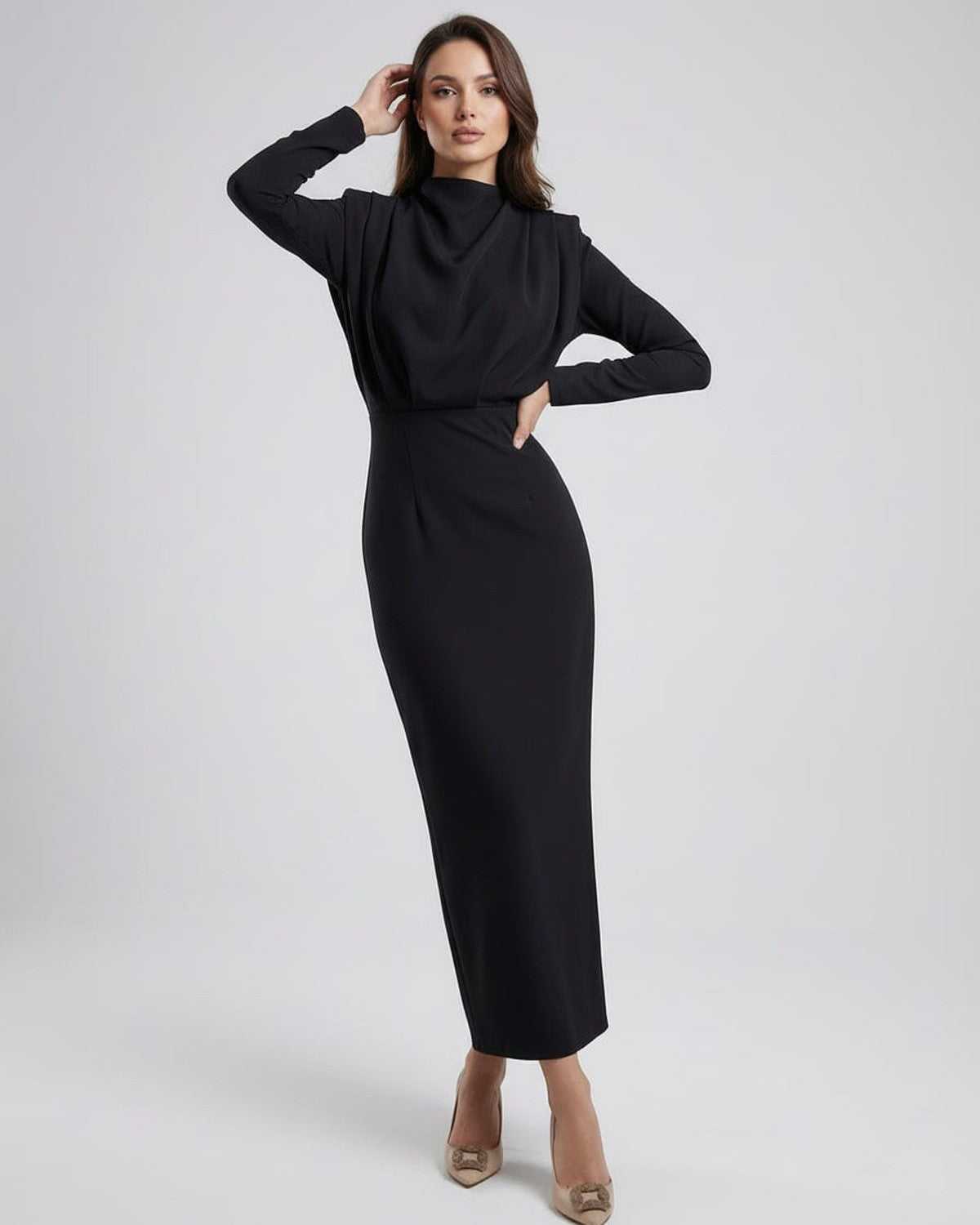 Lauven Celeste Midi Dress - Elegant black trumpet silhouette with stand neck, designed for timeless elegance.