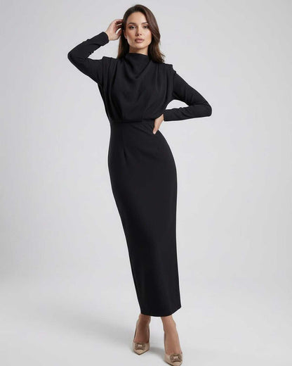 Lauven Celeste Midi Dress - Elegant black trumpet silhouette with stand neck, designed for timeless elegance.