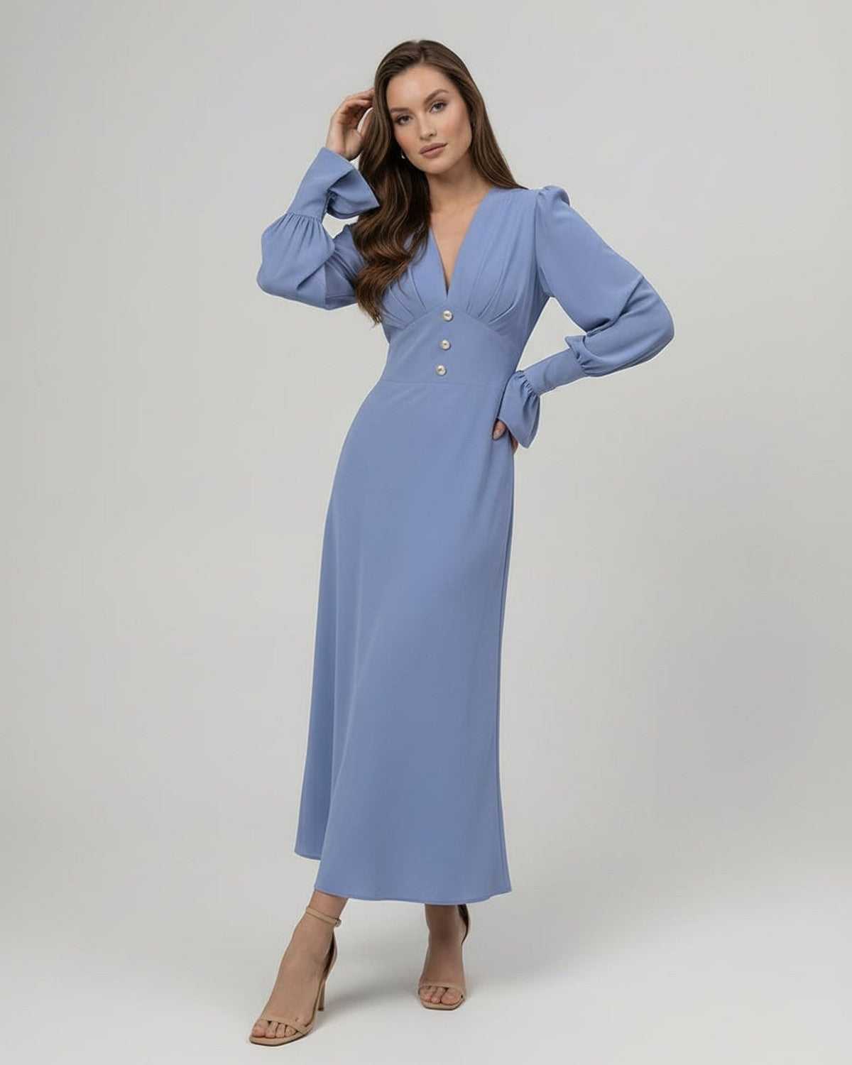 Celeste Midi Dress - Blue Long Sleeve A-Line Dress by Lauven with V-neckline and flattering silhouette.