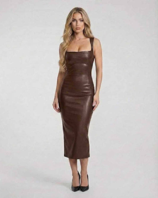 Celeste Midi Dress by Lauven, showcasing sleek brown faux leather elegance with a flattering square neckline.