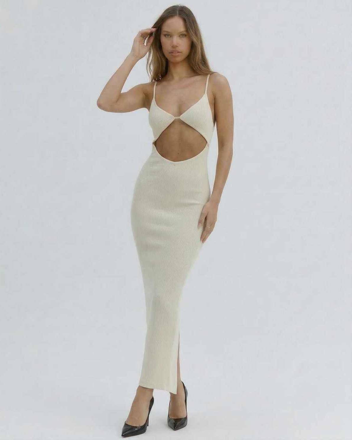 Celeste Midi Dress by Lauven – Chic cut-out spaghetti strap dress in ivory, perfect for summer evenings.
