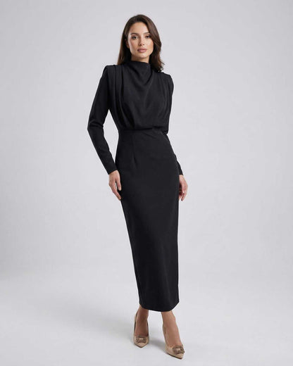 Lauven Celeste Midi Dress in elegant black trumpet silhouette with stand neck for timeless style.
