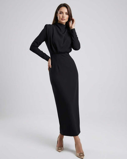 Celeste Midi Dress by Lauven, elegant black trumpet silhouette with stand neck, perfect for any occasion.
